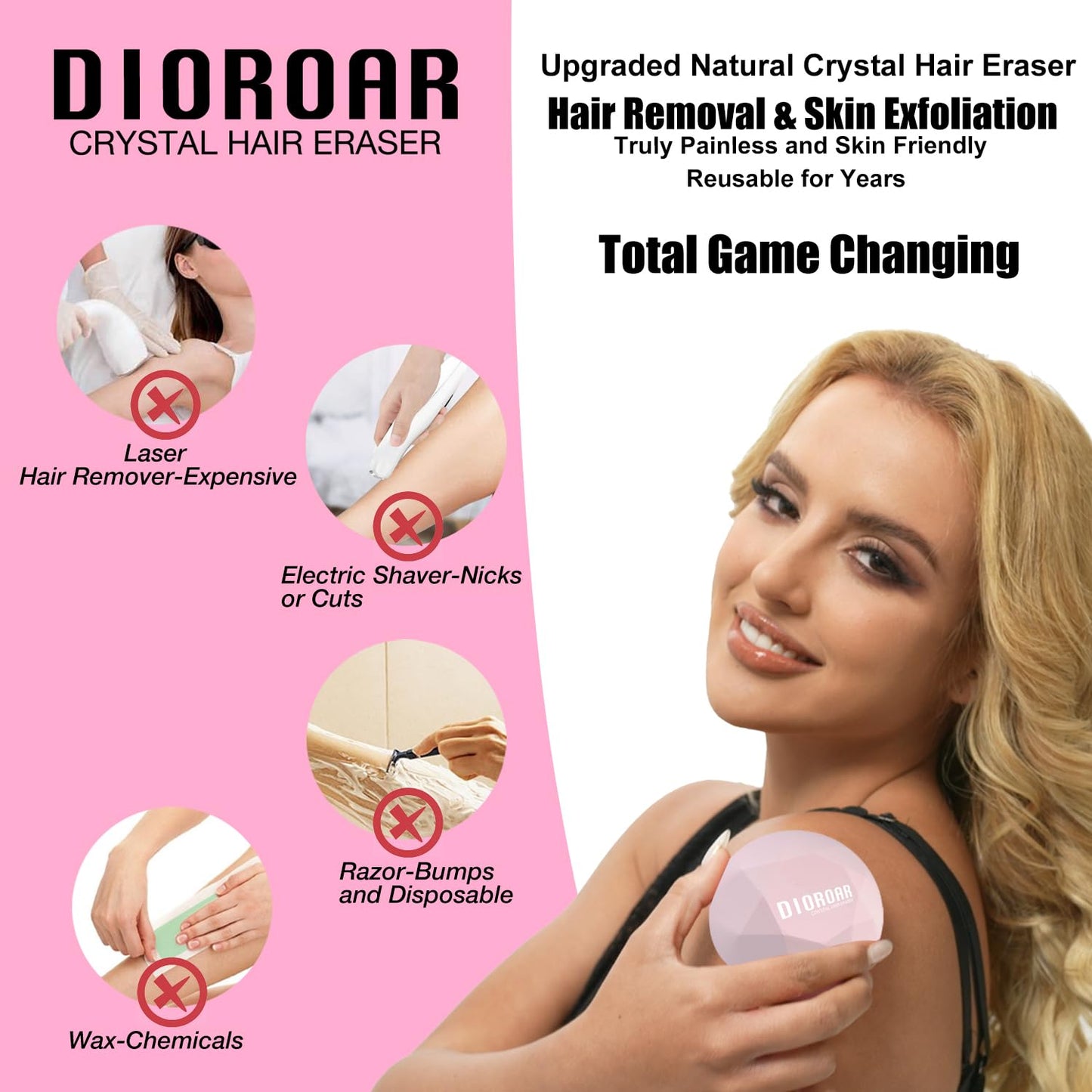 Crystal Hair Eraser for Women,Upgraded Painless Crystal Hair Remover Diamond,Effective Nano Glass Hair Removal Stone Exfoliation without Shaver,Natural Epilator for Silky Skin(Pastel Pink)